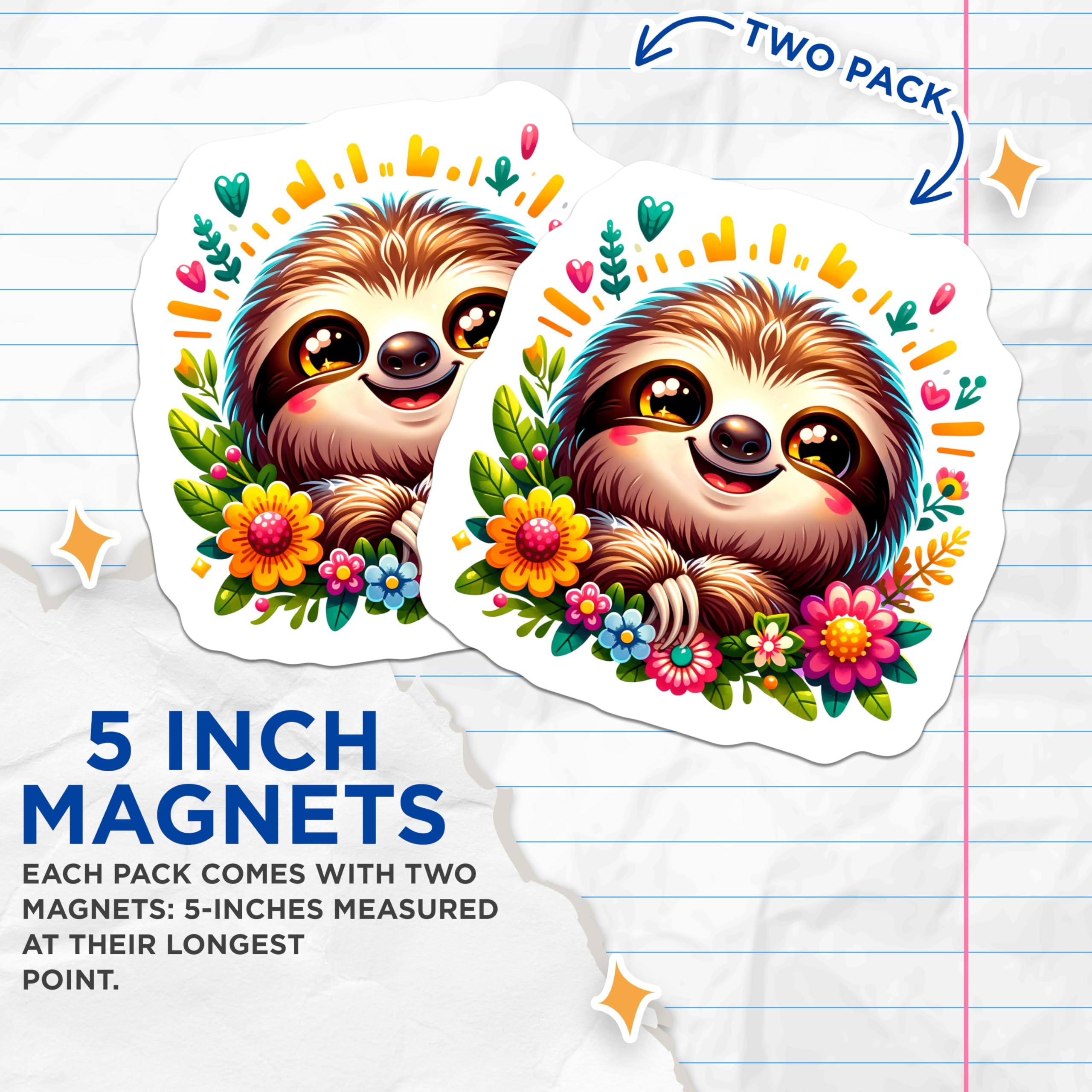 (2 Pack) Adorable Sloth Magnets - Kawaii Animal Art - Happy Floral Design - 5 Inches On Longest Side - Thick Durable Magnet - Made in USA - MAG22997