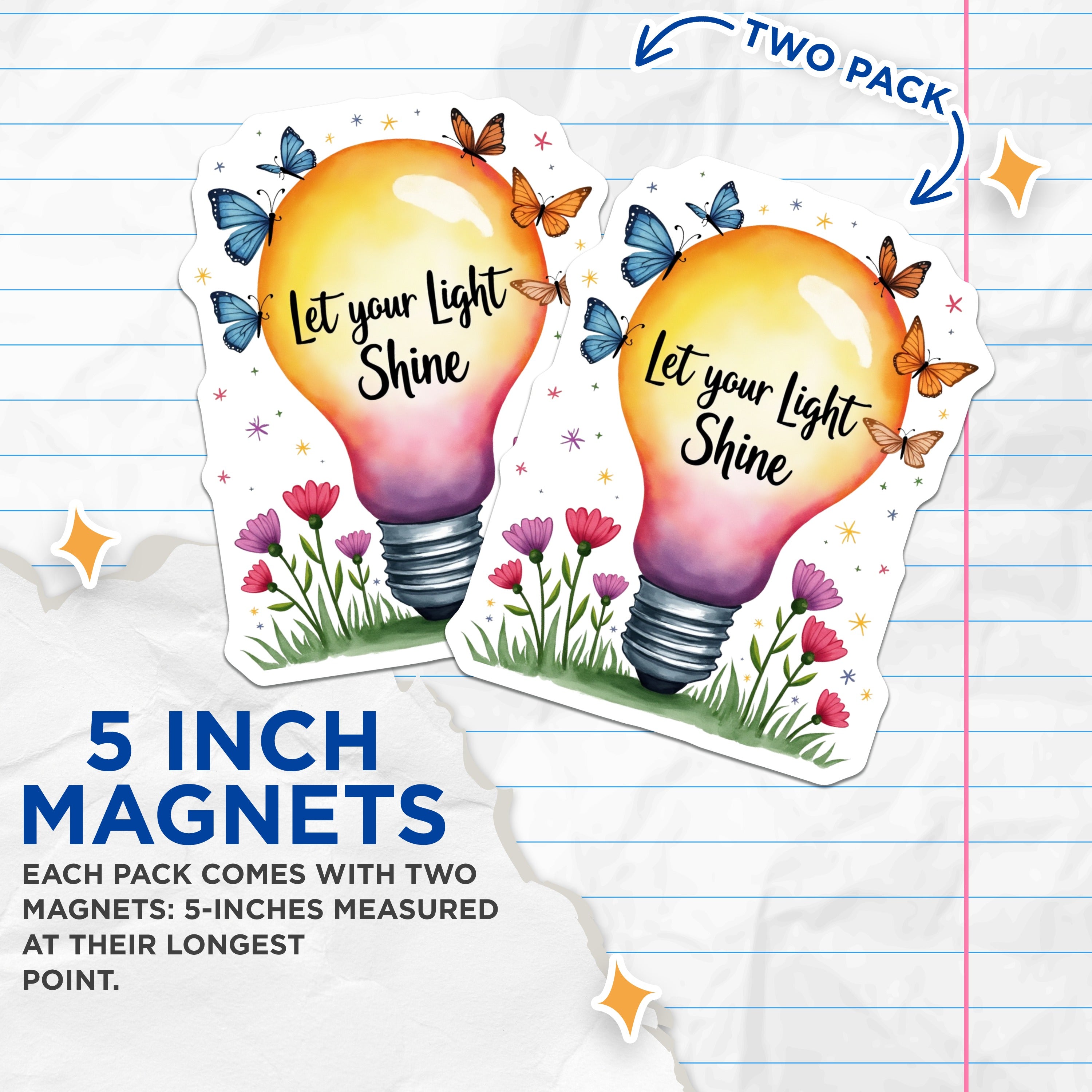 (2 Pack) Let Your Light Shine Magnets - Watercolor Lightbulb - Positive Affirmation Decor - 5 Inches On Longest Side - Thick Durable Magnet - Made in USA - MAG37540