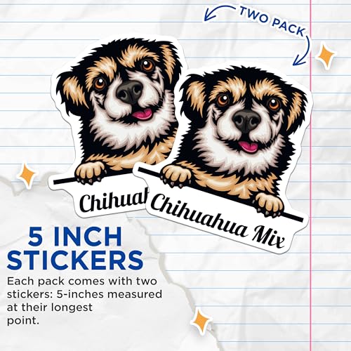 (2 Pack) Chihuahua Mix Stickers - Cute Dog Stickers - Puppy Decal Stickers - 5" On Longest Side - Sticks to Smooth Flat Surfaces - Made in USA - BMCS4214