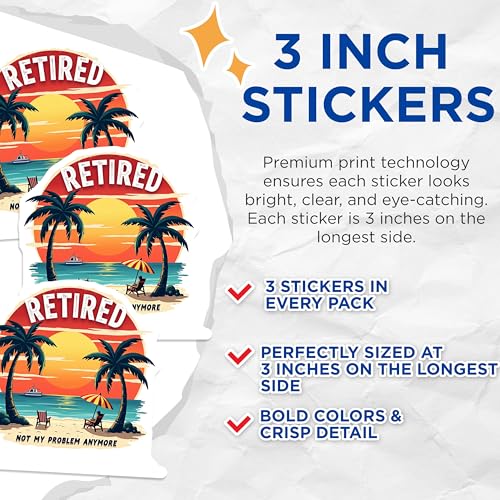 (3 Pack) Retired Life Decals - Beach Scene - Retirement Humor - 3 Inches On Longest Side - Easy Peel & Apply - Made in USA - 3MCS2140