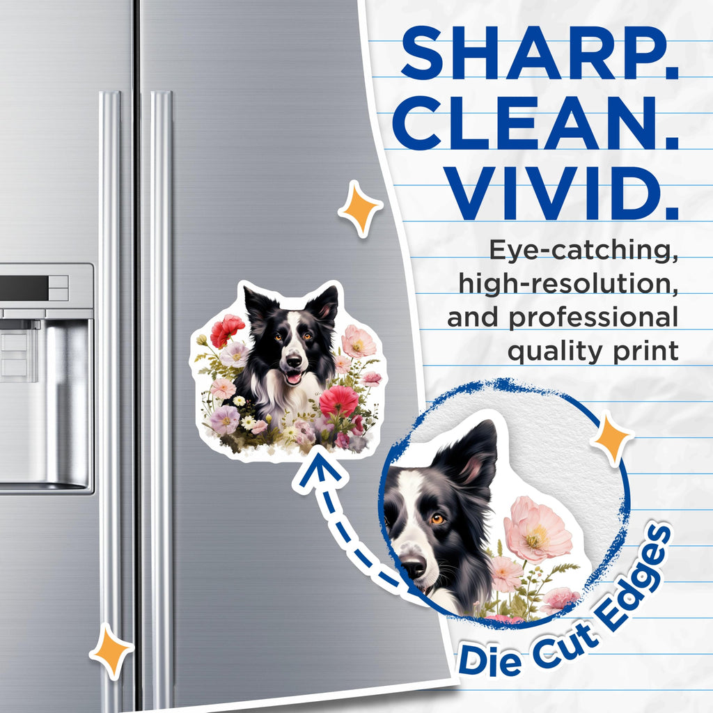 (2 Pack) Border Collie Magnets - Whimsical Floral Dog Art - Happy Pet Animal Decor - Refrigerator Locker Magnets - 5 Inches On Longest Side - Thick Durable Magnet - Made in USA - MAG23825