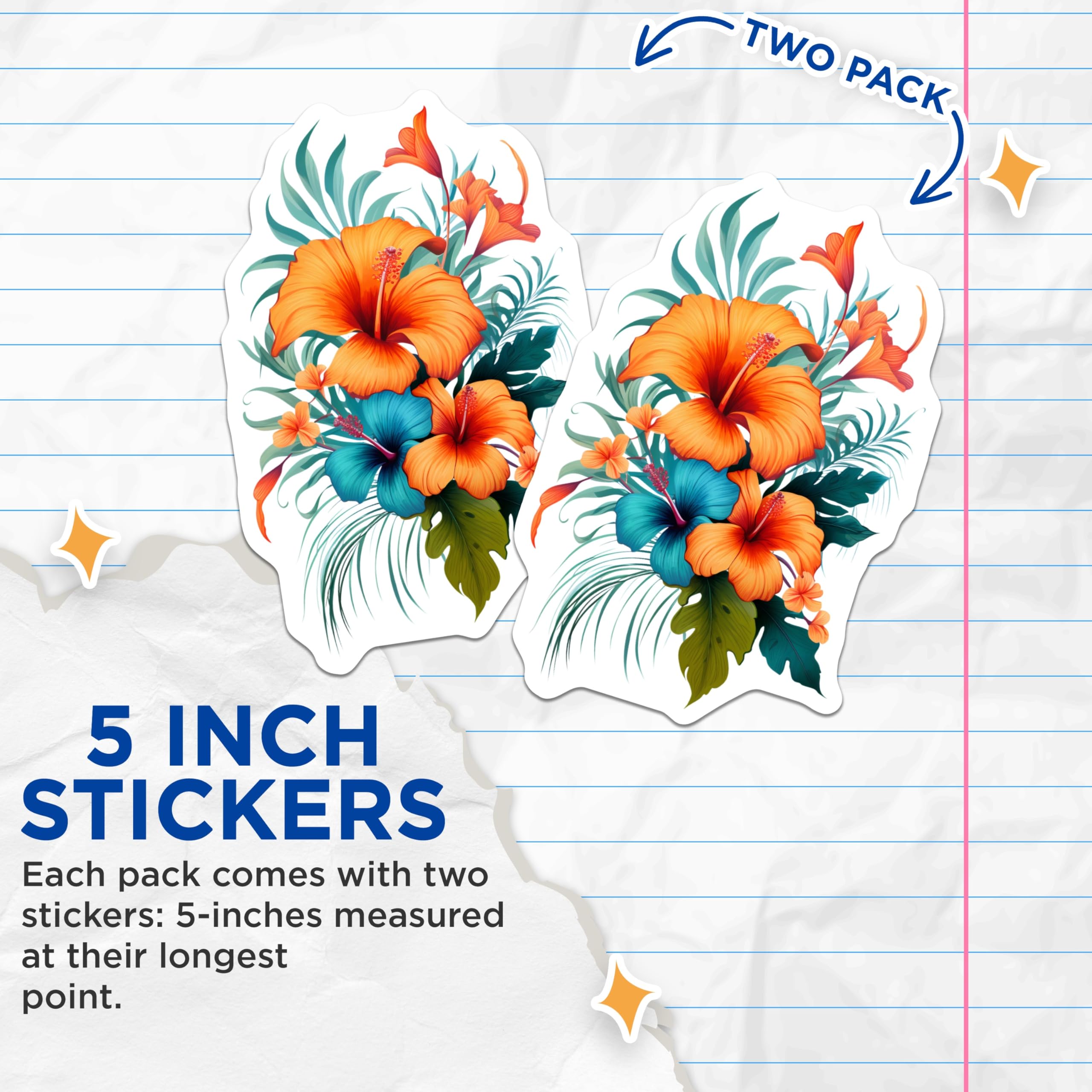 (2 Pack) Tropical Hibiscus Stickers - Exotic Floral Decal - Vibrant Botanical Art - 5" On Longest Side - Sticks to Smooth Flat Surfaces - Made in USA - BMCS20040