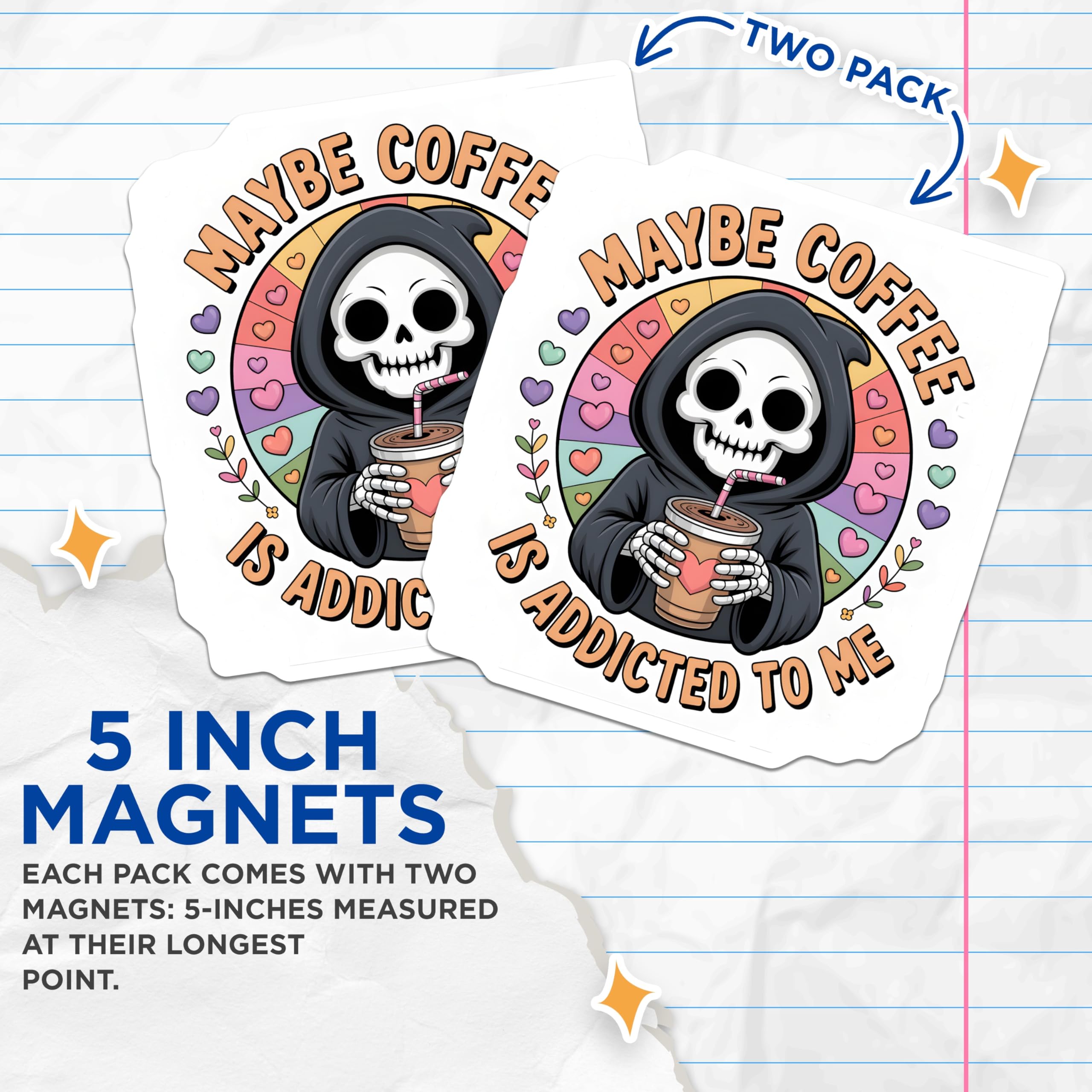 (2 Pack) Grim Reaper Coffee Magnets - Skeleton Caffeine Humor - Funny Fridge Decor - Spooky Cute Kitchen Accessory - 5 Inches On Longest Side - Thick Durable Magnet - Made in USA - MAG22002