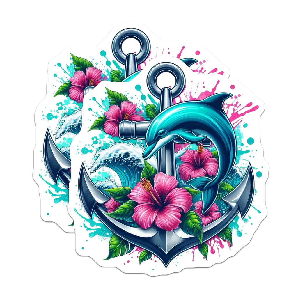(2 Pack) Dolphin Anchors Magnets - Hibiscus Flower - Ocean Wave Summer Theme - 5" On Longest Side - Premium Magnet - for Cars, Refrigerators, Toolboxes, Lockers - Made in USA - MAG16484