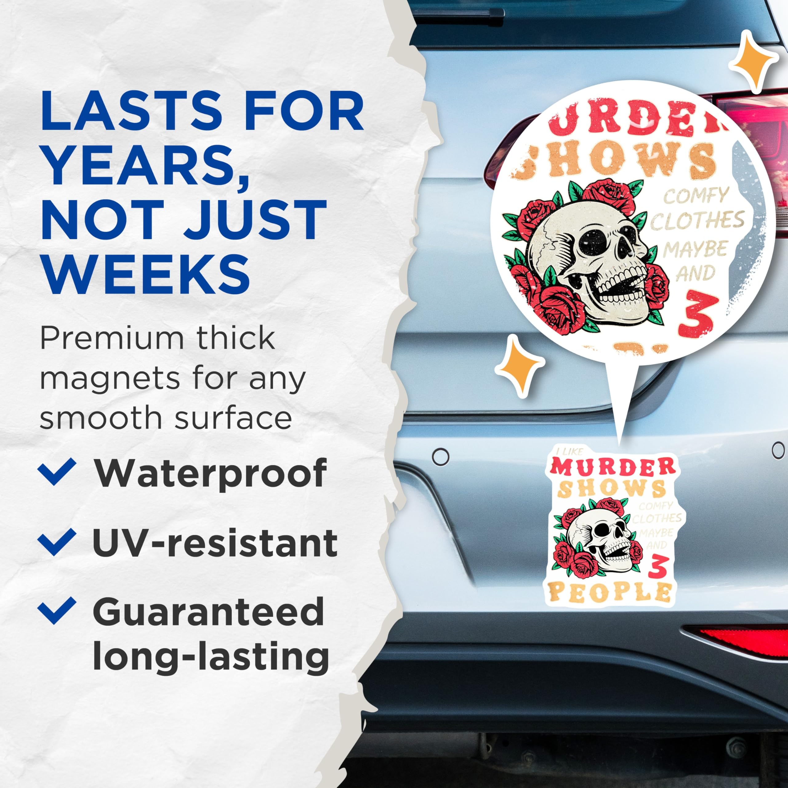 (2 Pack) Murder Shows Magnets - Skull and Roses - True Crime Fan Decor - 5" On Longest Side - Premium Magnet - for Cars, Refrigerators, Toolboxes, Lockers - Made in USA - MAG14287