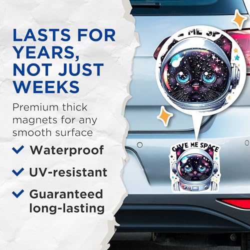(2 Pack) Give Me Space Cat Magnets - Cute Space Cat - Fun Astronaut Cat Art for Fridge - 5" On Longest Side - for Cars, Fridges, Toolboxes - Made in USA - MAG4584
