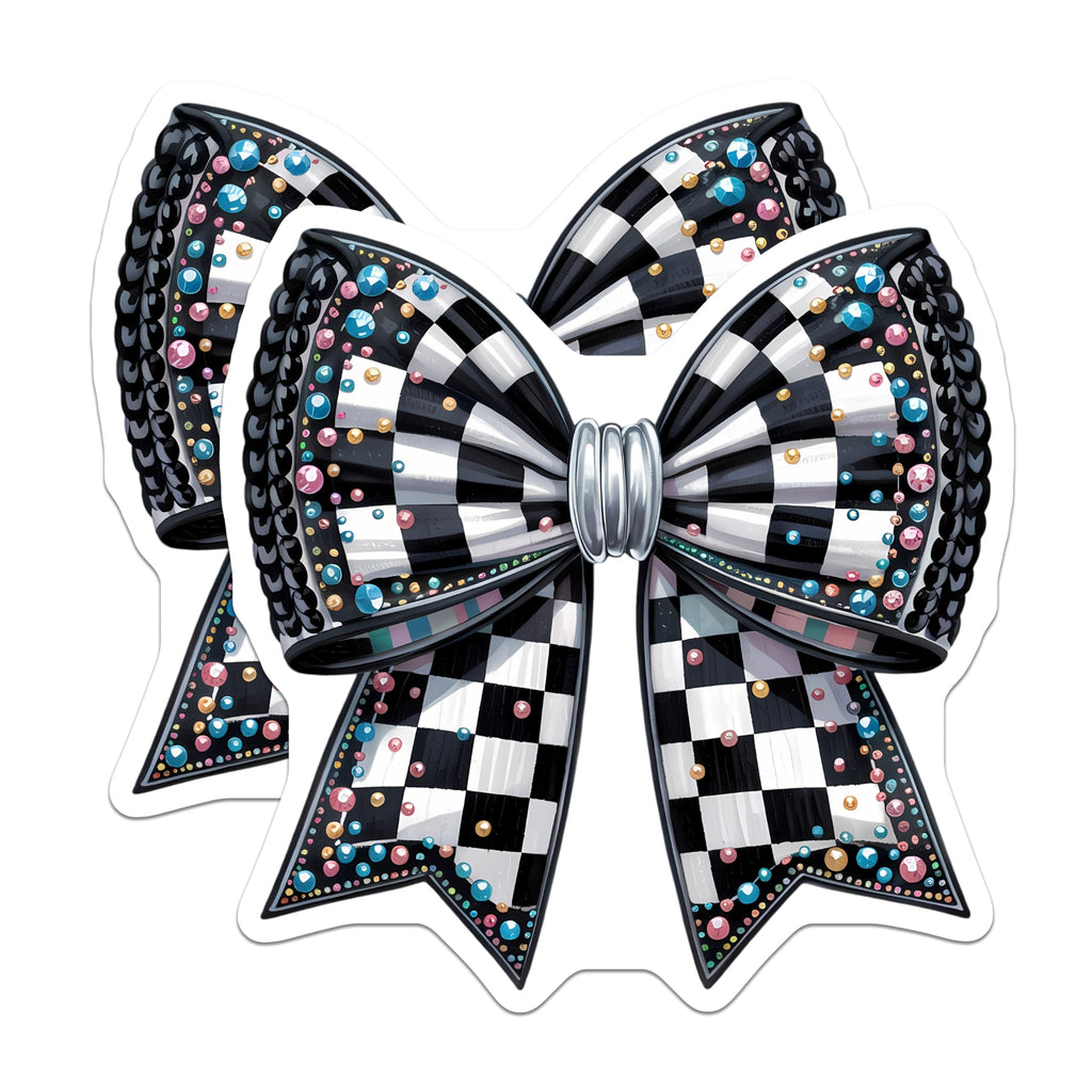 (2 Pack) Black White Checkerboard Bow Magnets - Sparkling Jeweled Rhinestone Decor - Glamorous Whimsical Kitchen Accent - 5 Inches On Longest Side - Thick Durable Magnet - Made in USA - MAG23203