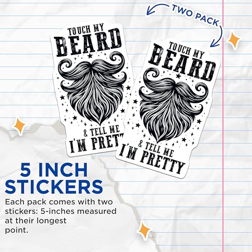 (2 Pack) Touch My Beard Stickers - Funny Beard Decal - Humor for Men - Joke Beard Lover - 5" On Longest Side - Sticks to Smooth Flat Surfaces - Made in USA - BMCS7459