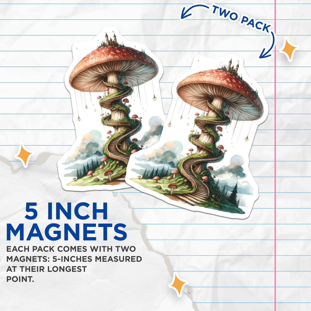 (2 Pack) Mushroom Castle Magnets - Fairy Tale Decor - Fantasy Forest Art Refrigerator Magnets - 5 Inches On Longest Side - Thick Durable Magnet - Made in USA - MAG37903