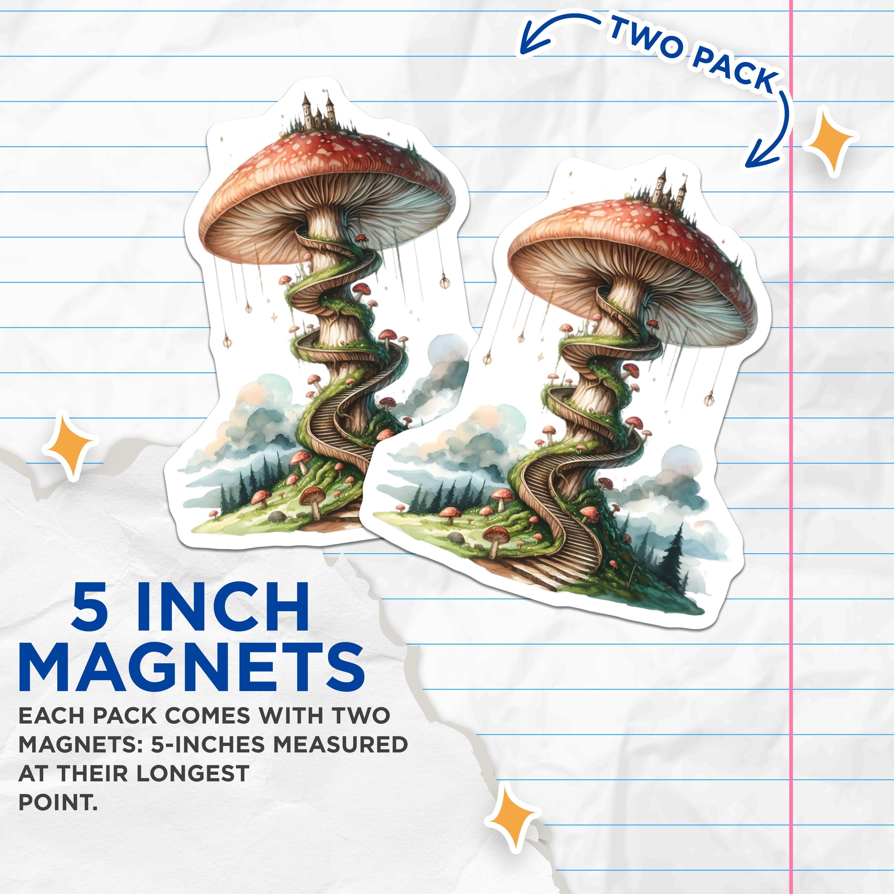 (2 Pack) Mushroom Castle Magnets - Fairy Tale Decor - Fantasy Forest Art Refrigerator Magnets - 5 Inches On Longest Side - Thick Durable Magnet - Made in USA - MAG37903
