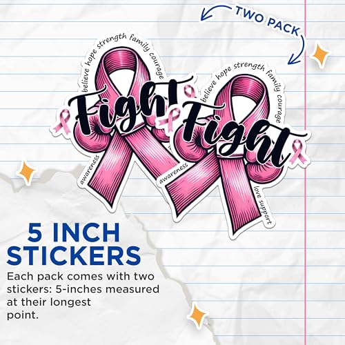 (2 Packs) Fight Pink Ribbon Breast Cancer Awareness Support Stickers - Pink Breast Cancer Decals - 5" On Longest Side - Premium Vinyl - Sticks to Any Smooth Flat Surface - Made in USA - BMCS2437