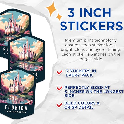 (3 Pack) Florida Decals - Tallahassee Decal - Theme Park Castle Decals - 3 Inches On Longest Side - Easy Peel & Apply - Made in USA - 3MCS0350
