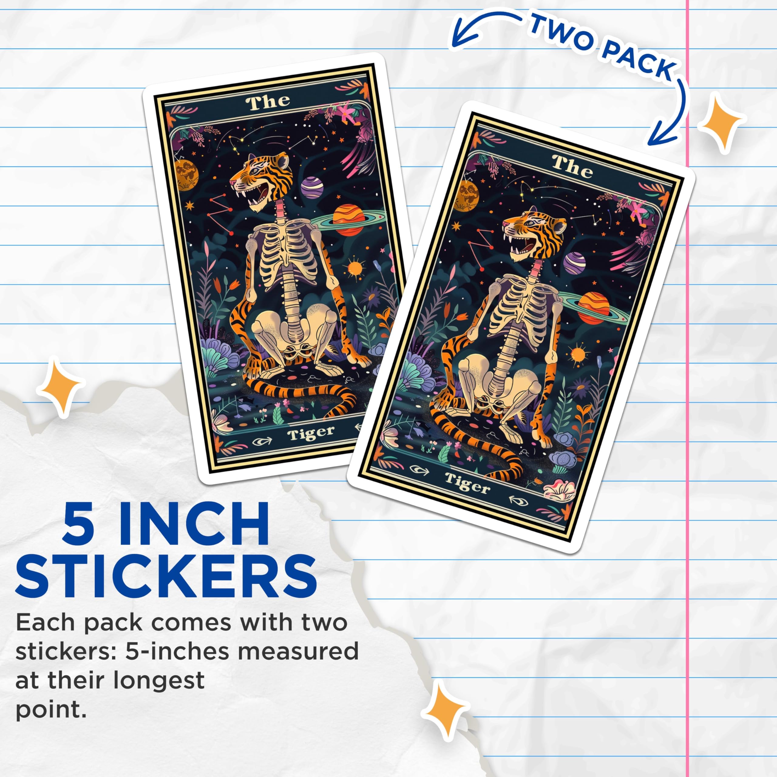 (2 Pack) The Tiger Stickers - Skeleton Tiger Art - Cosmic Jungle Design - 5" On Longest Side - Sticks to Smooth Flat Surfaces - Made in USA - BMCS3637