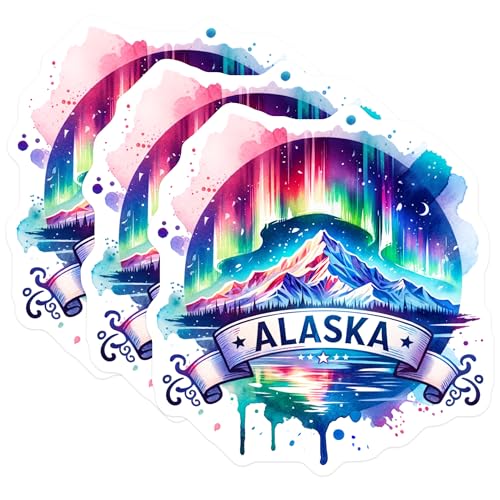 (3 Pack) Alaska Decals - Northern Lights - Mountain Decals- 3 Inches On Longest Side - Easy Peel & Apply - Made in USA - 3MCS5562