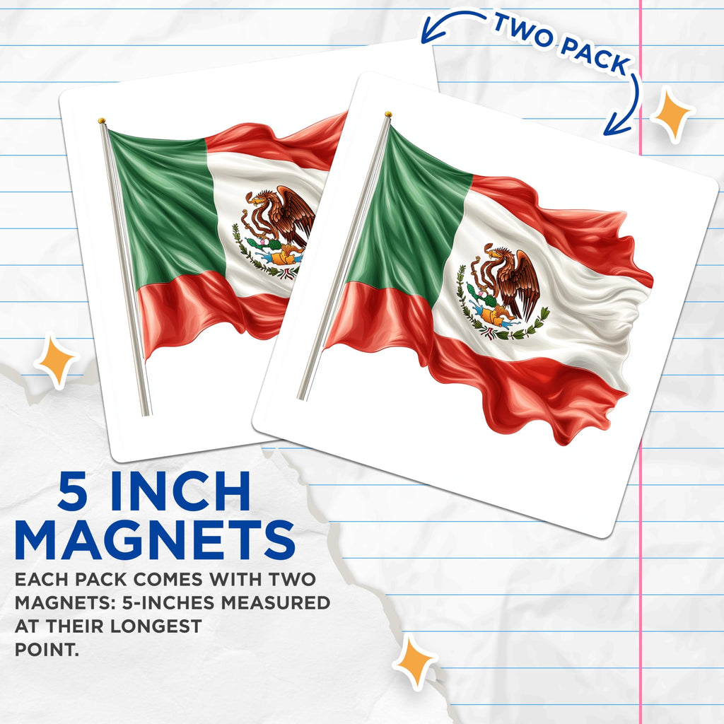 (2 Pack) Mexican Flag Magnets - National Emblem Decoration - Viva Mexico Patriotic Decor Souvenir - 5 Inches On Longest Side - Thick Durable Magnet - Made in USA - MAG26846