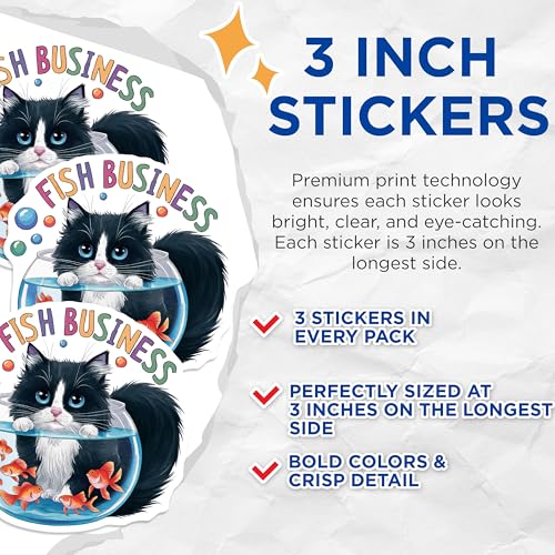 (3 Pack) Fish Business Decals - Cat in Fishbowl Stickers - Laptop Decal - Funny Animal Decals - 3 Inches On Longest Side - Easy Peel & Apply - Made in USA - 3MCS7531
