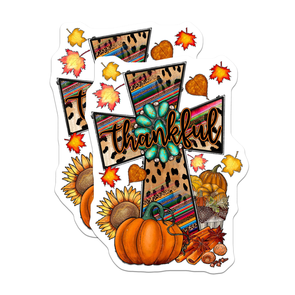 (2 Pack) Thankful Fall Magnets - Western Boho Cross - Autumn Pumpkin Decor - Farmhouse Refrigerator - 5 Inches On Longest Side - Thick Durable Magnet - Made in USA - MAG28604