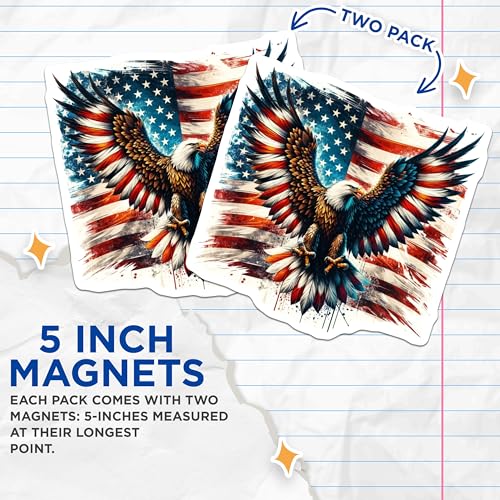 (2 Pack) American Eagle Flag Magnets - Bald Eagle Magnets - Patriotic Home Decor - USA Pride Magnets - 5" On Longest Side - for Cars, Fridges, Toolboxes - Made in USA - MAG6953