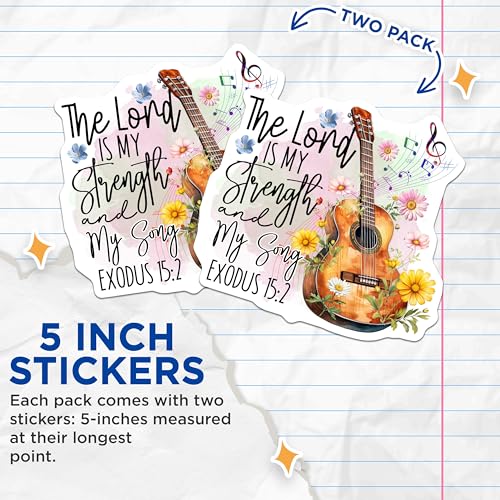 (2 Pack) The Lord is My Strength Stickers - Inspirational Guitar Stickers - Christian Scripture Stickers - 5" On Longest Side - Sticks to Smooth Flat Surfaces - Made in USA - BMCS4309