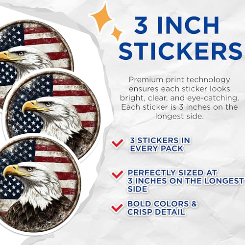 (3 Pack) Bald Eagle Decals - American Flag - Laptop Decals - 3 Inches On Longest Side - Easy Peel & Apply - Made in USA - 3MCS0037