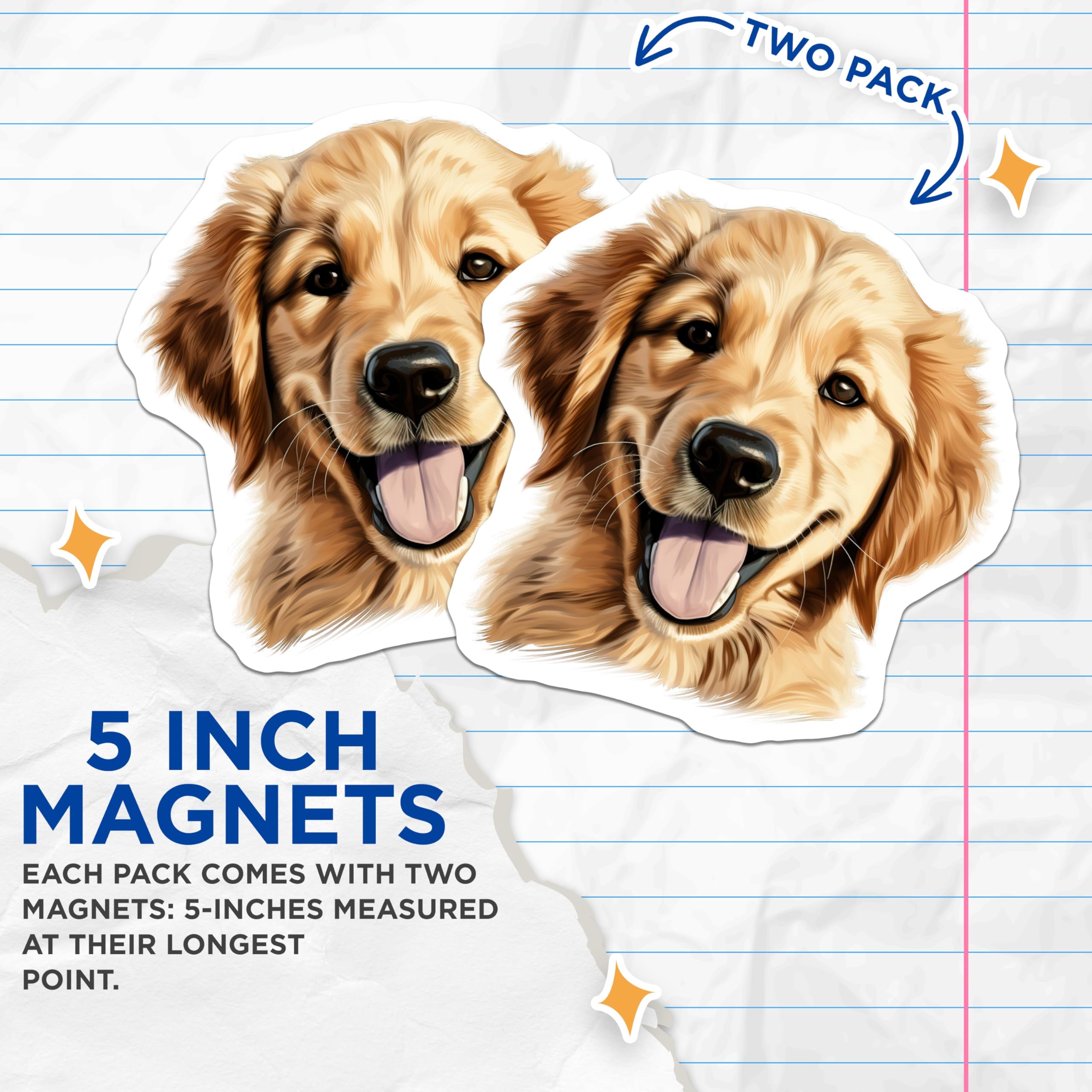 (2 Pack) Golden Retriever Magnets - Dog Portrait Home Decor - Pet Animal Lover Accessory - 5 Inches On Longest Side - Thick Durable Magnet - Made in USA - MAG26264