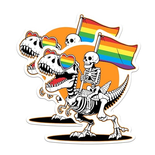 (2 Pack) Skeleton Riding a Trex Gay Pride Magnets - Cool Retro LGBTQ Magnet - 5" On Longest Side - Premium Magnet - for Cars, Refrigerators, Toolboxes, Lockers - Made in USA - MAG1686