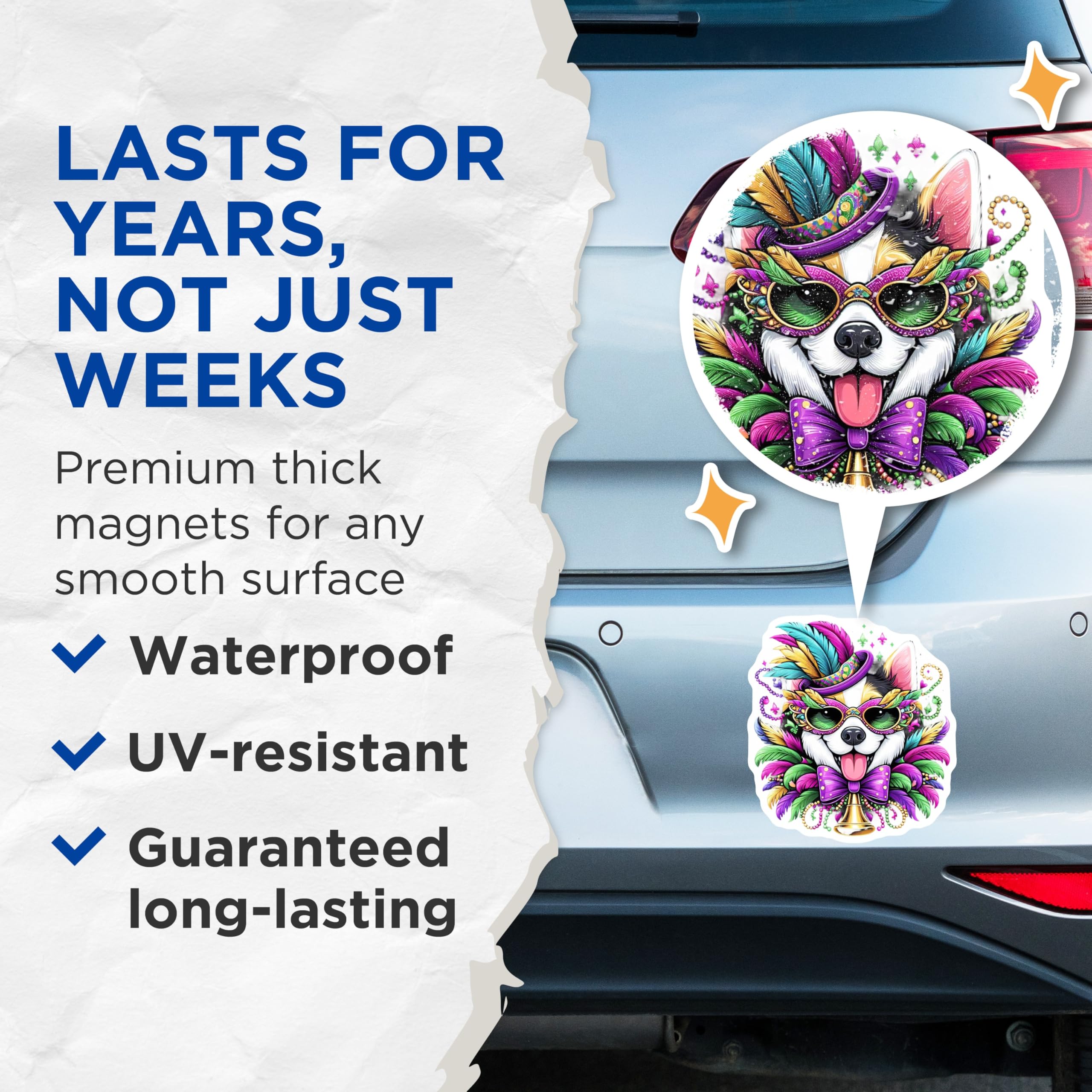 (2 Pack) Mardi Gras Dog Magnets - Festive Corgi Decor - Party Favors - 5" On Longest Side - Premium Magnet - for Cars, Refrigerators, Toolboxes, Lockers - Made in USA - MAG15107