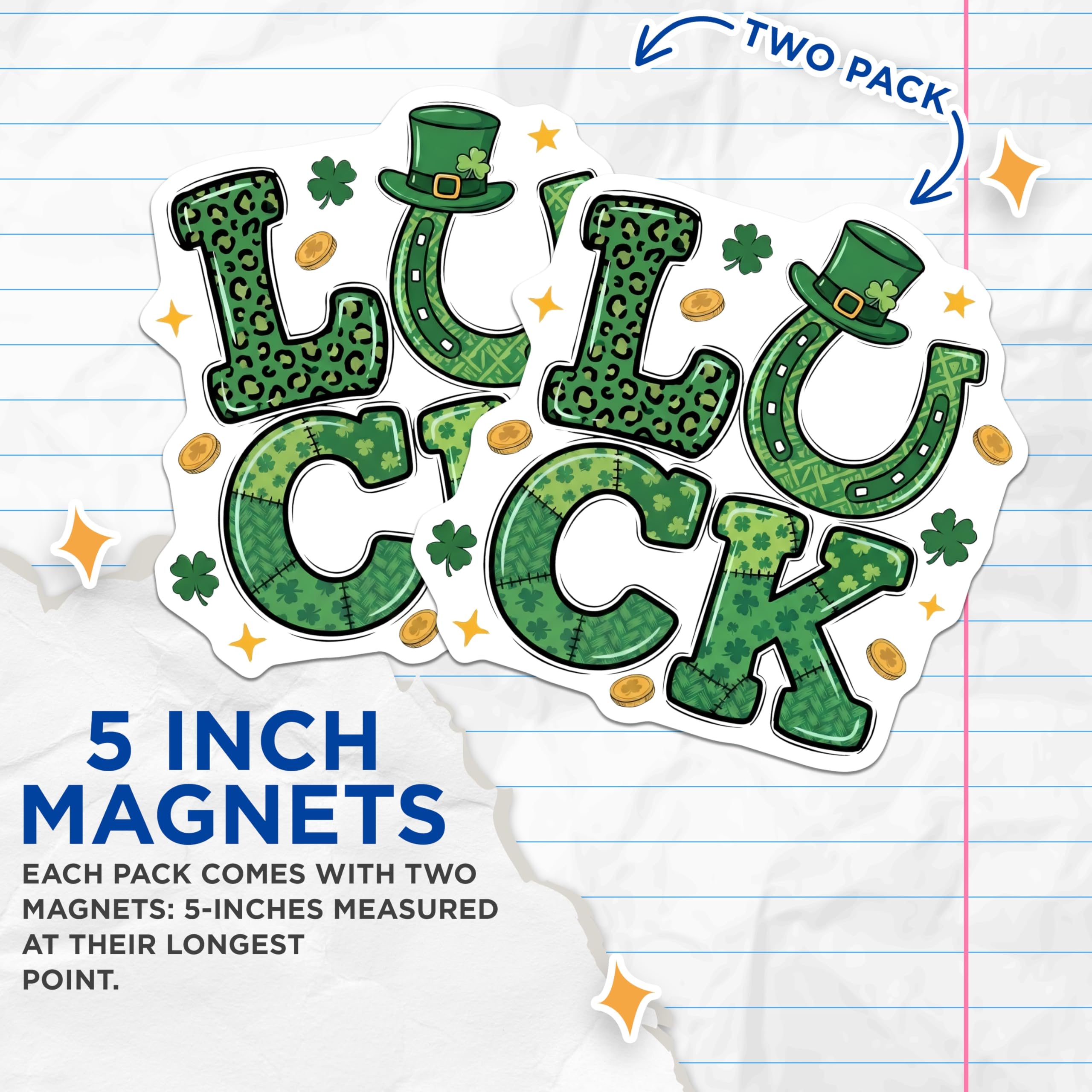 (2 Pack) Lucky St Patricks Day Magnets - Four Leaf Clover Horseshoe - Irish Decoration - 5" On Longest Side - Premium Magnet - for Cars, Refrigerators, Toolboxes, Lockers - Made in USA - MAG16574