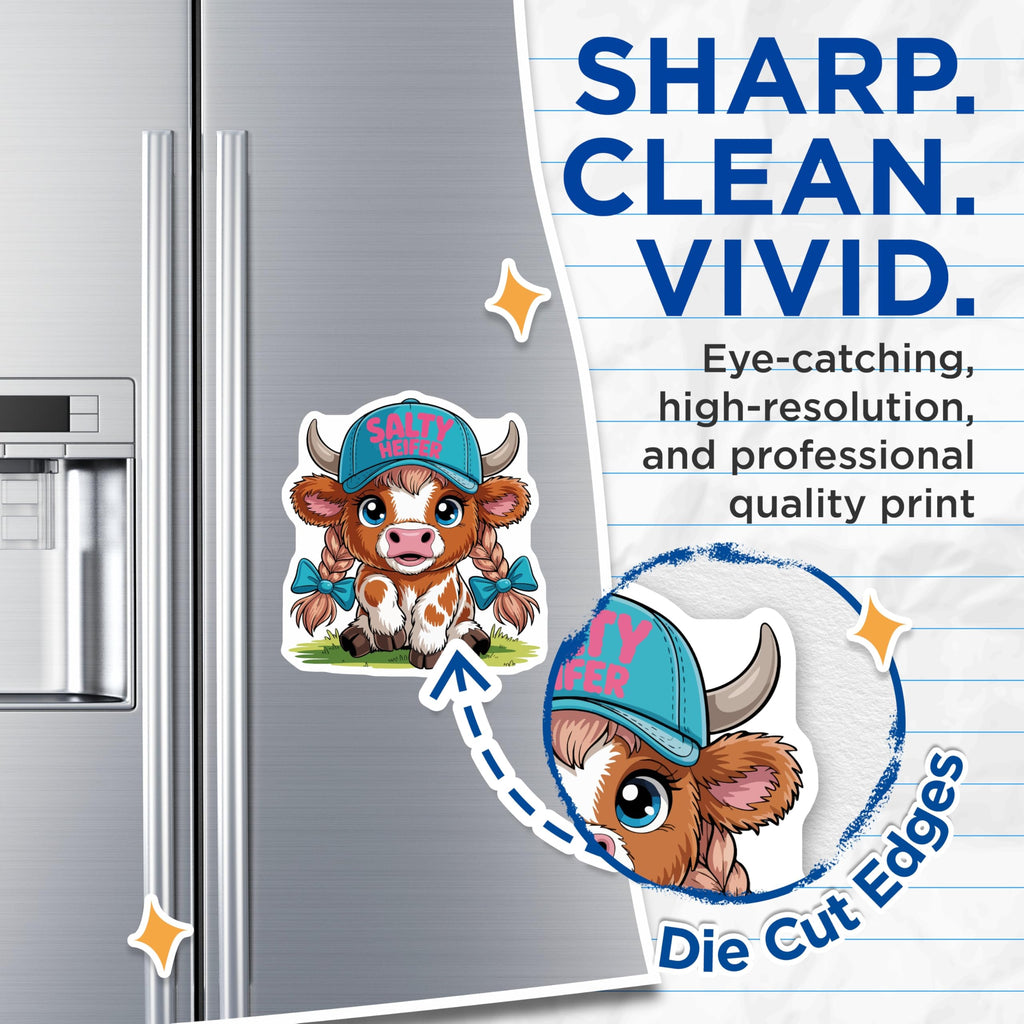 (2 Pack) Salty Heifer Magnets - Cute Cartoon Cow Art - Funny Farm Animal Kitchen Decor - Humorous Refrigerator Locker Accent - 5 Inches On Longest Side - Thick Durable Magnet - Made in USA - MAG21669
