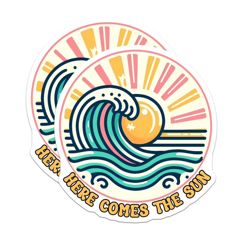 (2 Pack) Here Comes The Sun Stickers - Wave Art Decals - Retro Sun and Sea Designs - 5" On Longest Side - Sticks to Smooth Flat Surfaces - Made in USA - BMCS9250