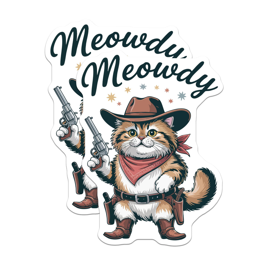 (2 Pack) Meowdy Cowboy Cat Magnets - Funny Western Kitty with Revolver Art - Wild West Feline Refrigerator Decor - 5 Inches On Longest Side - Thick Durable Magnet - Made in USA - MAG21261