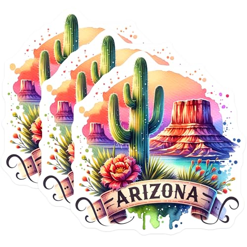 (3 Pack) Arizona Decals - Desert Cactus - State Pride Laptop Stickers- 3 Inches On Longest Side - Easy Peel & Apply - Made in USA - 3MCS5281