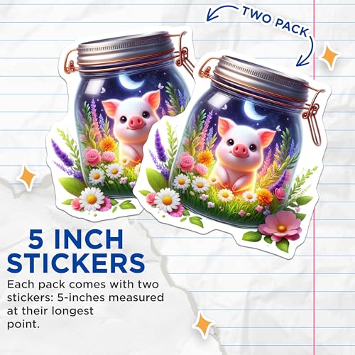 (2 Pack) Pig in Garden Stickers - Cute Animal Decal - Moonlight Piggy Sticker - 5" On Longest Side - Sticks to Smooth Flat Surfaces - Made in USA - BMCS9368