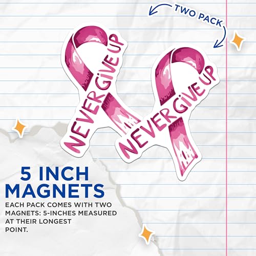 (2 Pack) Breast Cancer Awareness Magnets Magnets - Pink Ribbon - Never Give Up - 5" On Longest Side - Made in USA - Sticks to Refrigerators & Metal Surfaces - MAG9020