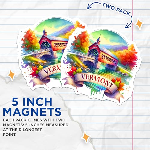 (2 Pack) Vermont Landscape Magnets - Watercolor Scenery - Autumn Bridge - New England Travel Souvenir - 5" On Longest Side - for Cars, Fridges, Toolboxes - Made in USA - MAG7014