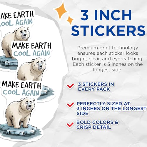(3 Pack) Polar Bear Decals - Earth Climate - Sad Bear Laptop Decal - 3 Inches On Longest Side - Easy Peel & Apply - Made in USA - 3MCS7213