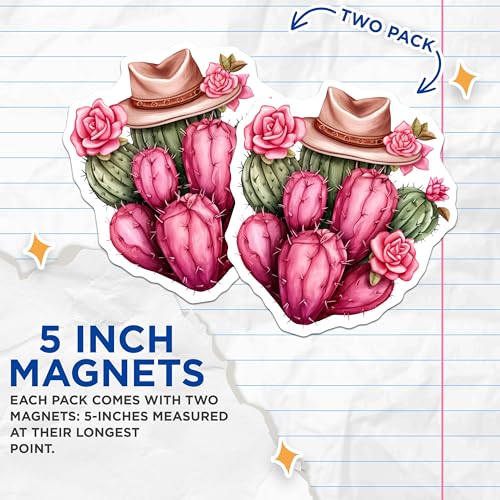 (2 Pack) Cactus with Hat Magnets - Flower Decor Magnets - Western Style Magnets - 5" On Longest Side - for Cars, Refrigerators, Toolboxes, Lockers - Made in USA BMCS3384