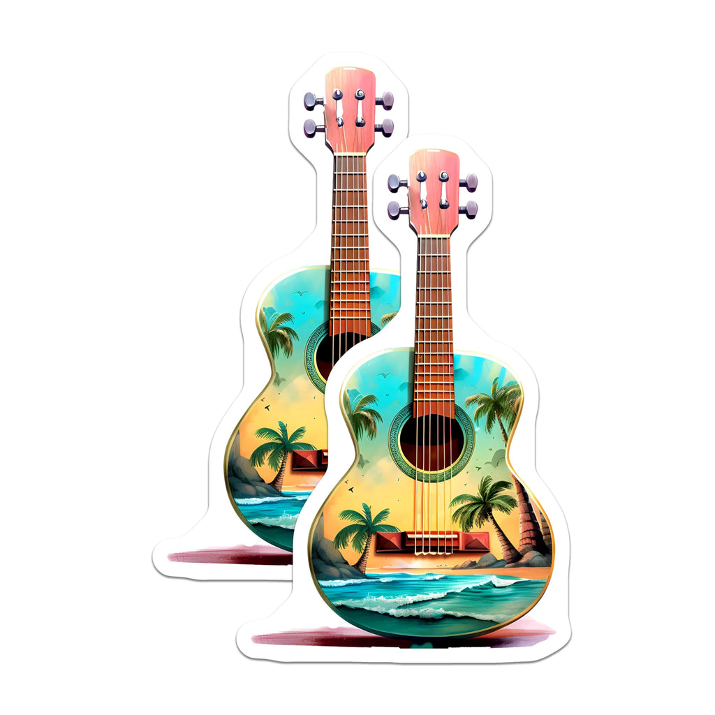 (2 Pack) Tropical Guitar Magnets - Aesthetic Beach Scene Music Instrument Decor - Coastal Ocean Vibe Fridge Art - 5 Inches On Longest Side - Thick Durable Magnet - Made in USA - MAG20801