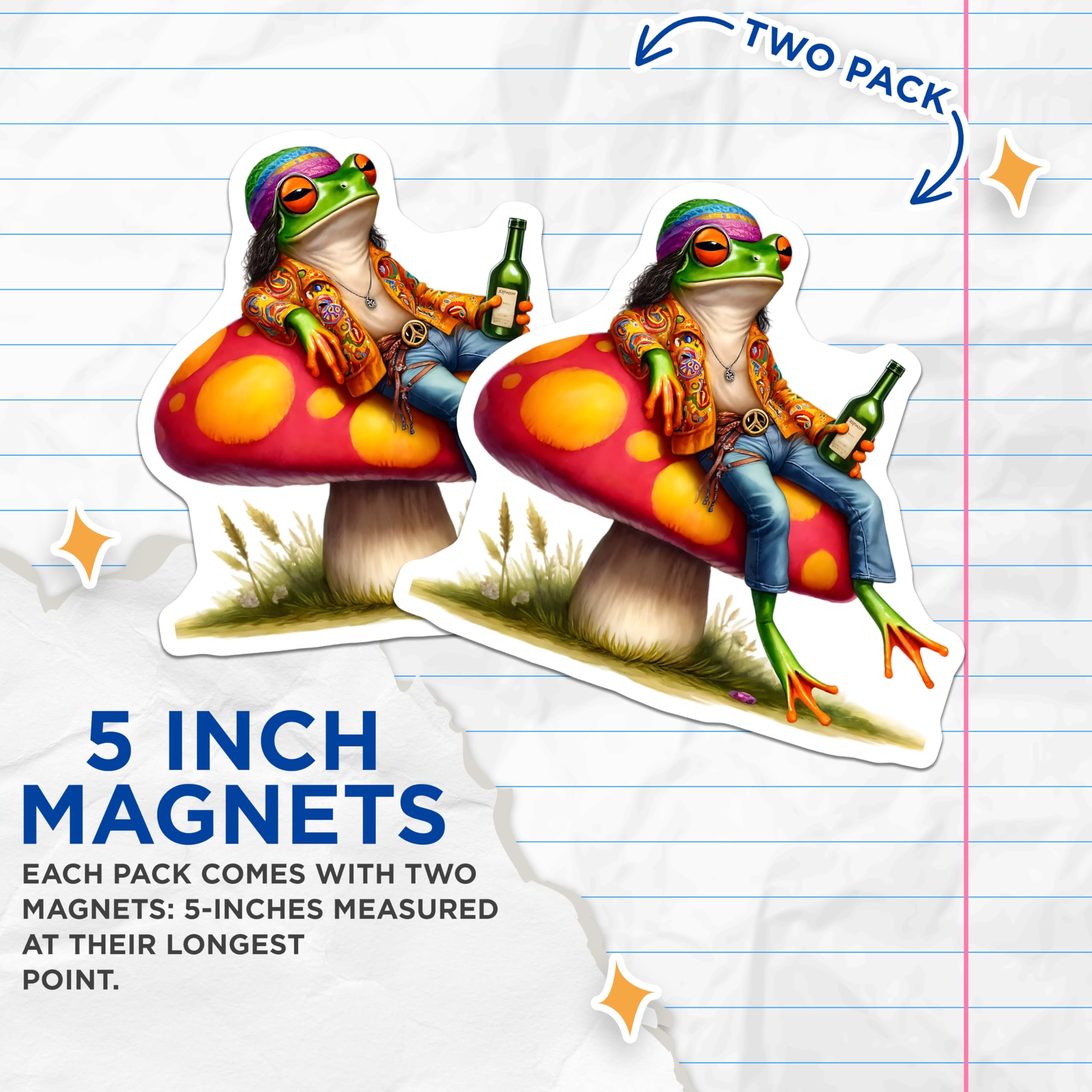 (2 Pack) Frog Hippie Magnets - Mushroom Toadstool - Quirky Fridge Decor - 5" On Longest Side - Premium Magnet - for Cars, Refrigerators, Toolboxes, Lockers - Made in USA - MAG16981