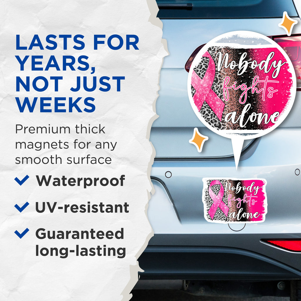 (2 Pack) Breast Cancer Awareness Magnets - Pink Ribbon Support - Nobody Fights Alone Warrior Strength - 5 Inches On Longest Side - Thick Durable Magnet - Made in USA - MAG37588