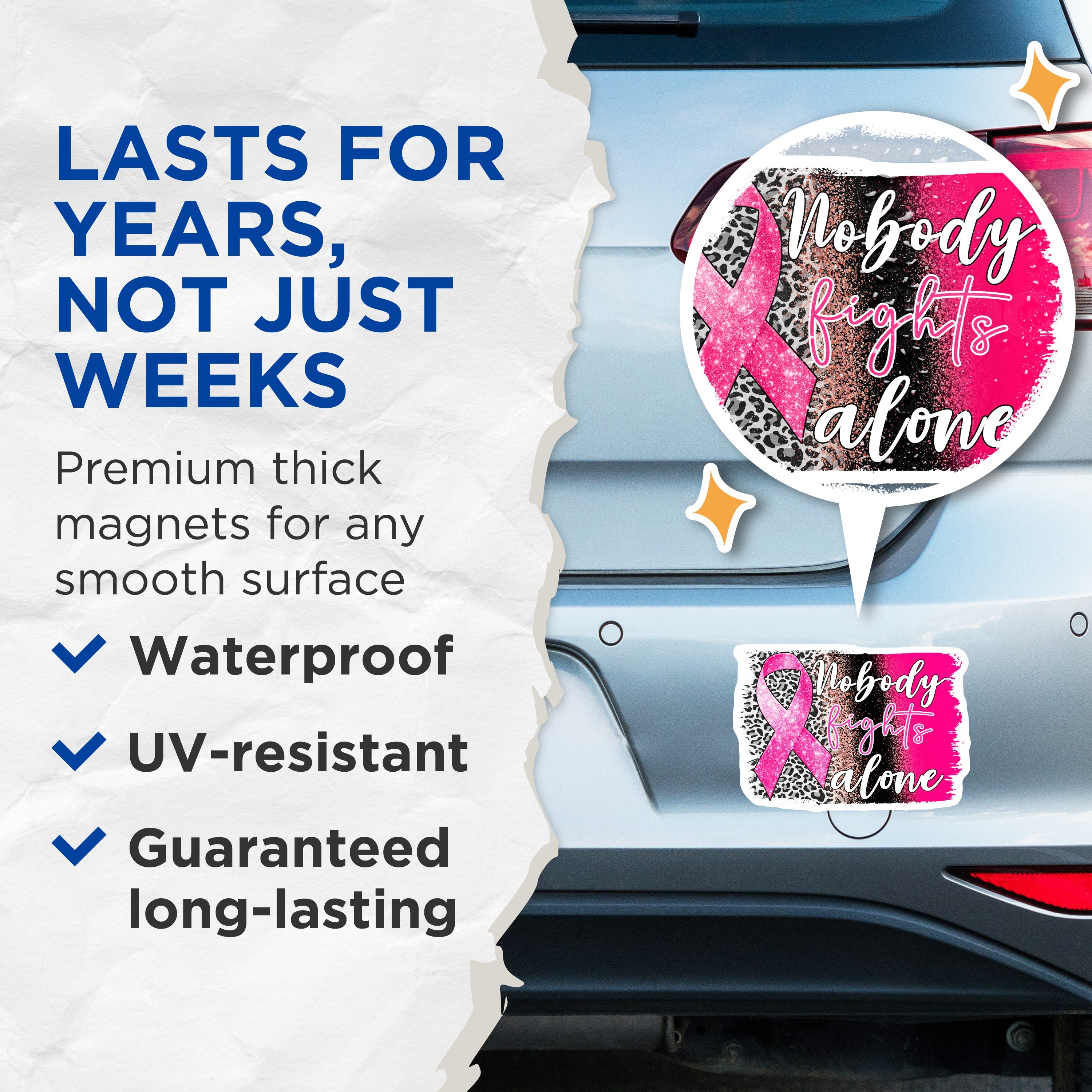 (2 Pack) Breast Cancer Awareness Magnets - Pink Ribbon Support - Nobody Fights Alone Warrior Strength - 5 Inches On Longest Side - Thick Durable Magnet - Made in USA - MAG37588