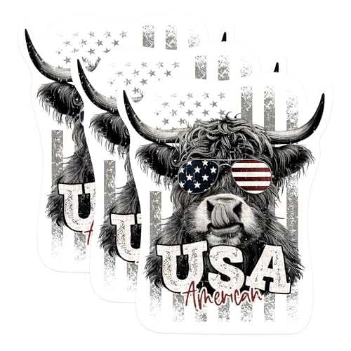 (3 Pack) Patriotic Highland Cow Decals - American Flag - USA Laptop Decal - 3 Inches On Longest Side - Easy Peel & Apply - Made in USA - 3MCS1086