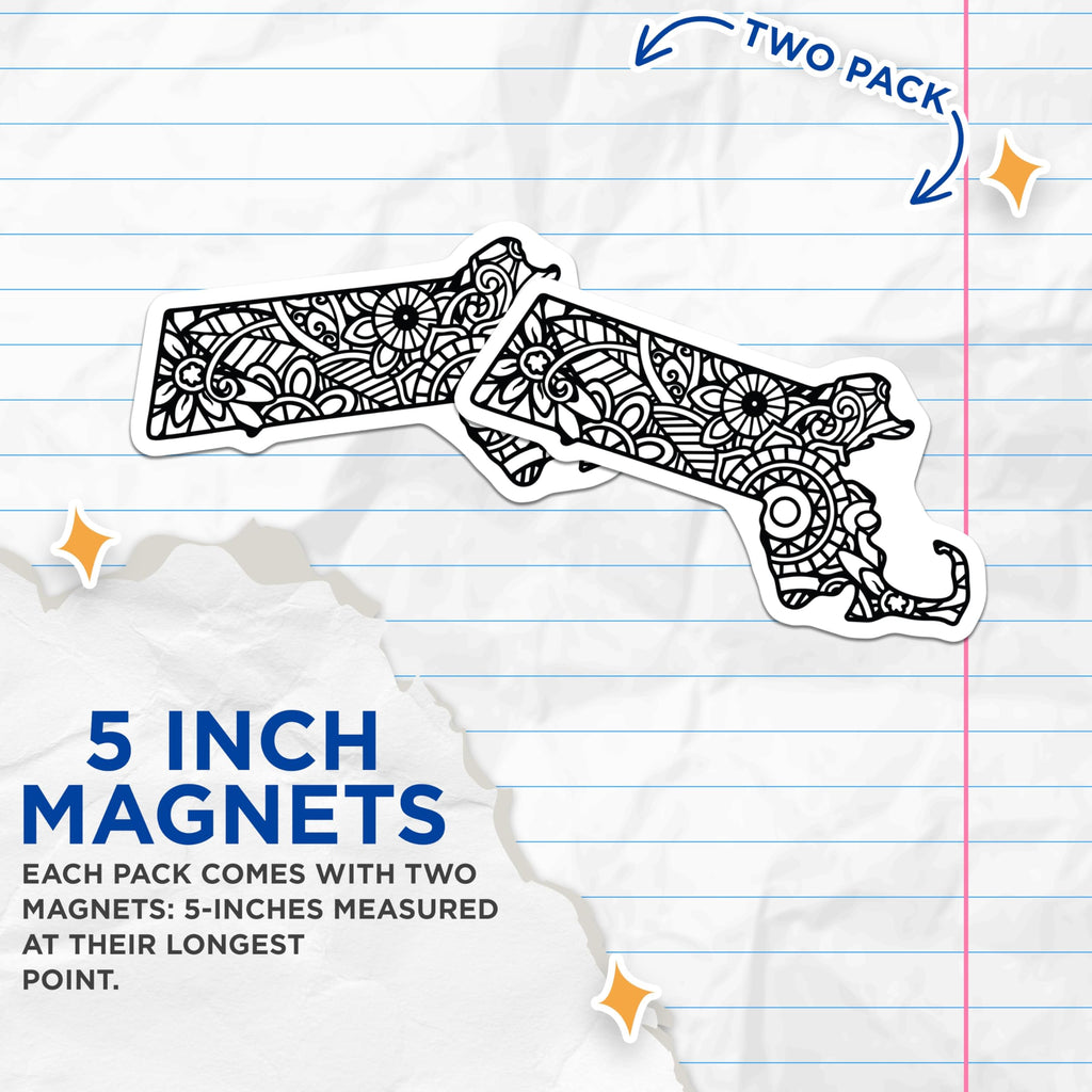 (2 Pack) Massachusetts State Magnets - Mandala Art - Geography Decor - 5" On Longest Side - Premium Magnet - for Cars, Refrigerators, Toolboxes, Lockers - Made in USA - MAG17534
