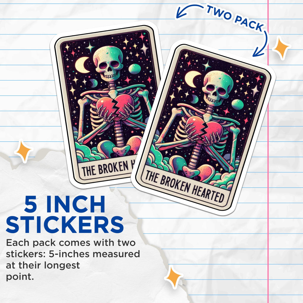 (2 Pack) The Broken Hearted Stickers - Skeleton Holding Heart Stickers - Cool Skeleton Stickers - 5" On Longest Side - Sticks to Smooth Flat Surfaces - Made in USA - BMCS5360