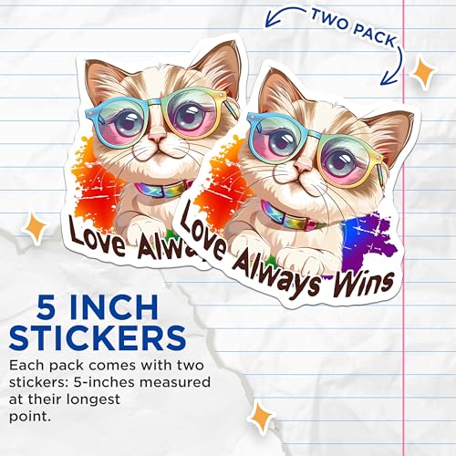 (2 Pack) Love Always Wins Stickers - Cute Cat Design - 5" On Longest Side - Sticks to Smooth Flat Surfaces - Made in USA - BMCS9188 - BMCS9188