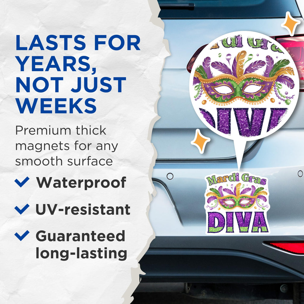 (2 Pack) Mardi Gras Diva Magnets - Mask Bead Decor - Festive Celebrations - 5" On Longest Side - Premium Magnet - for Cars, Refrigerators, Toolboxes, Lockers - Made in USA - MAG14844