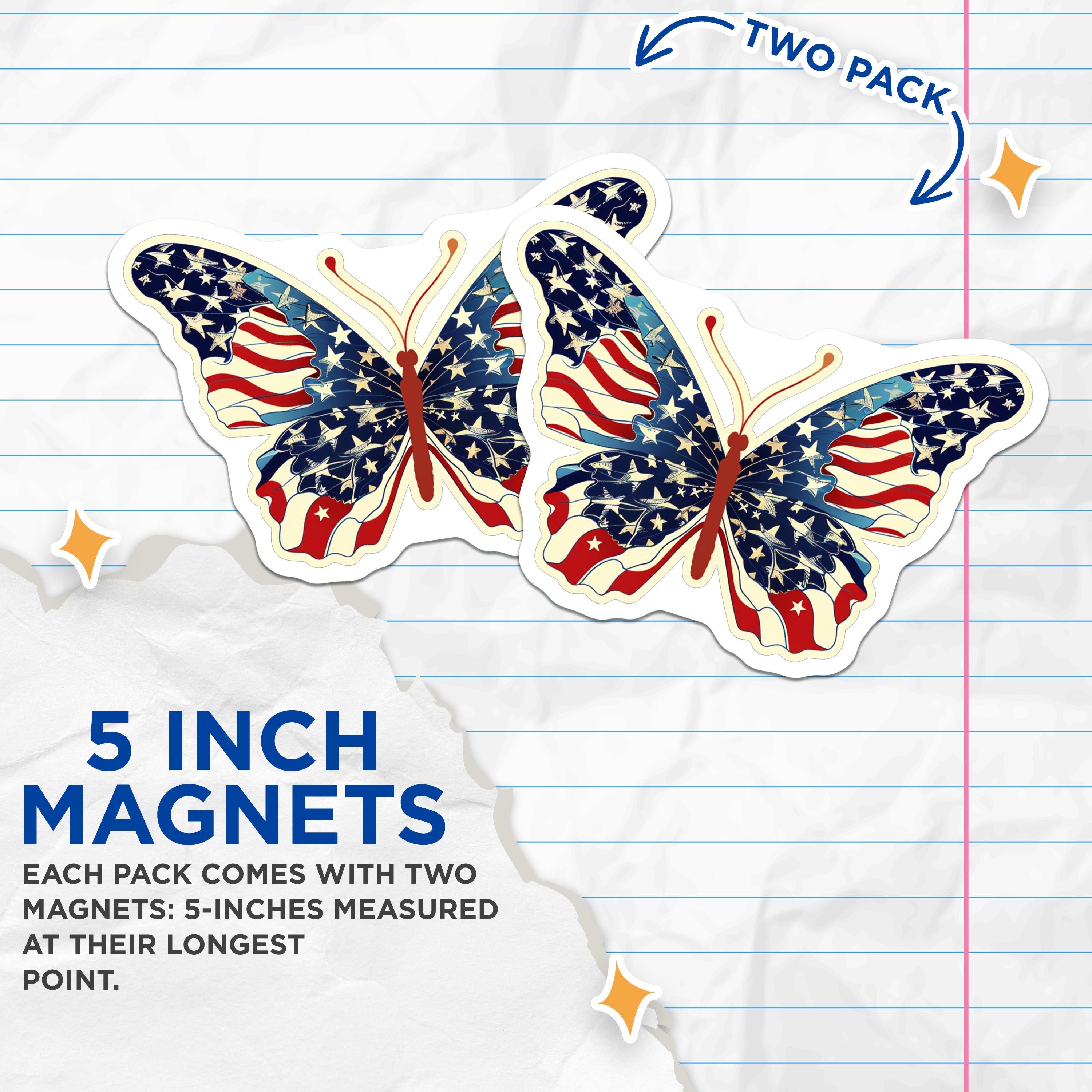 (2 Pack) Patriotic Butterfly Magnets - American Flag Design - Military Jet Art - USA Pride Decor - Veteran Supporter Fridge Magnet - 5" - Durable Magnet - Made in USA - MAG38146