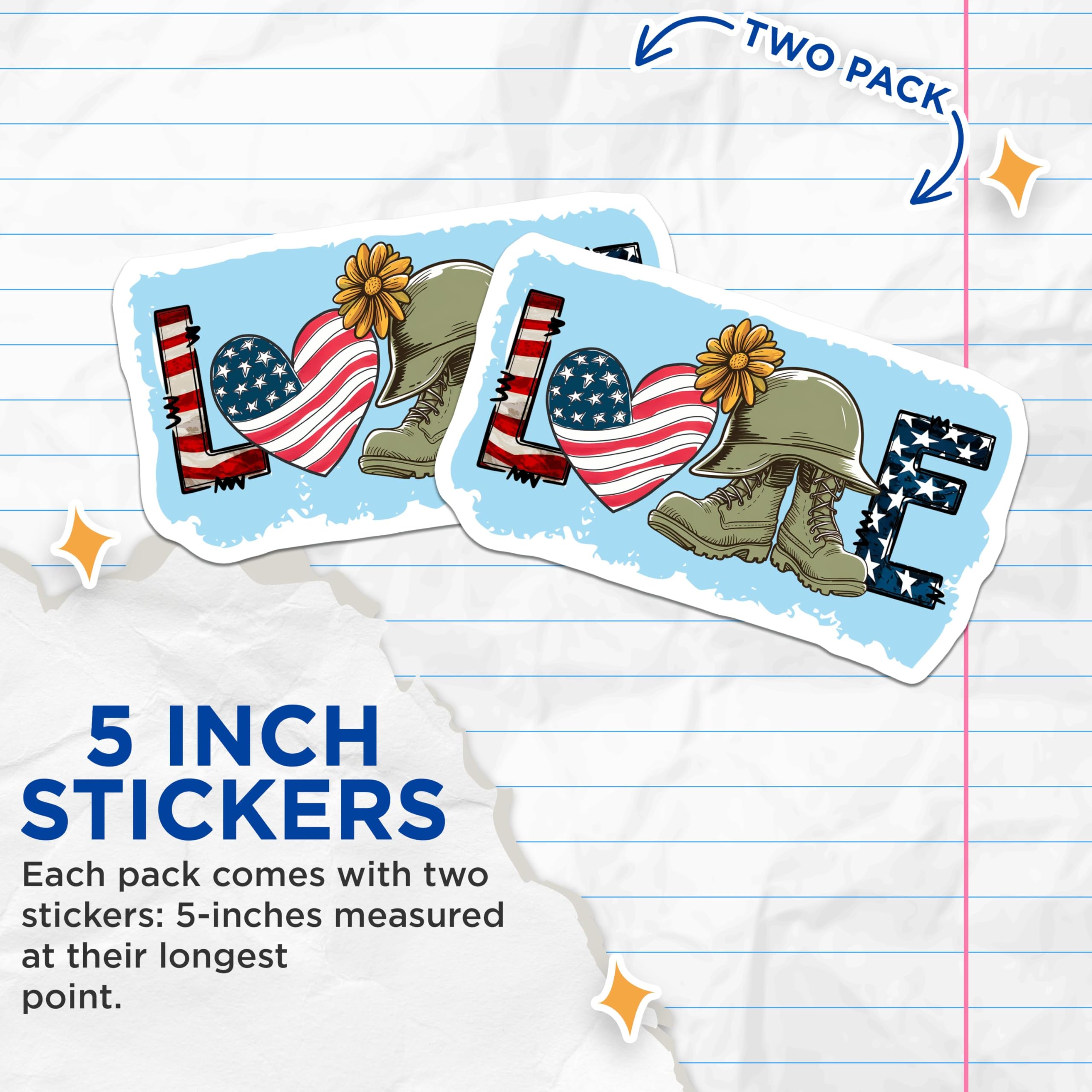 (2 Pack) Love Military Stickers - American Flag - Army Boots Design - 5" On Longest Side - Sticks to Smooth Flat Surfaces - Made in USA - BMCS8364