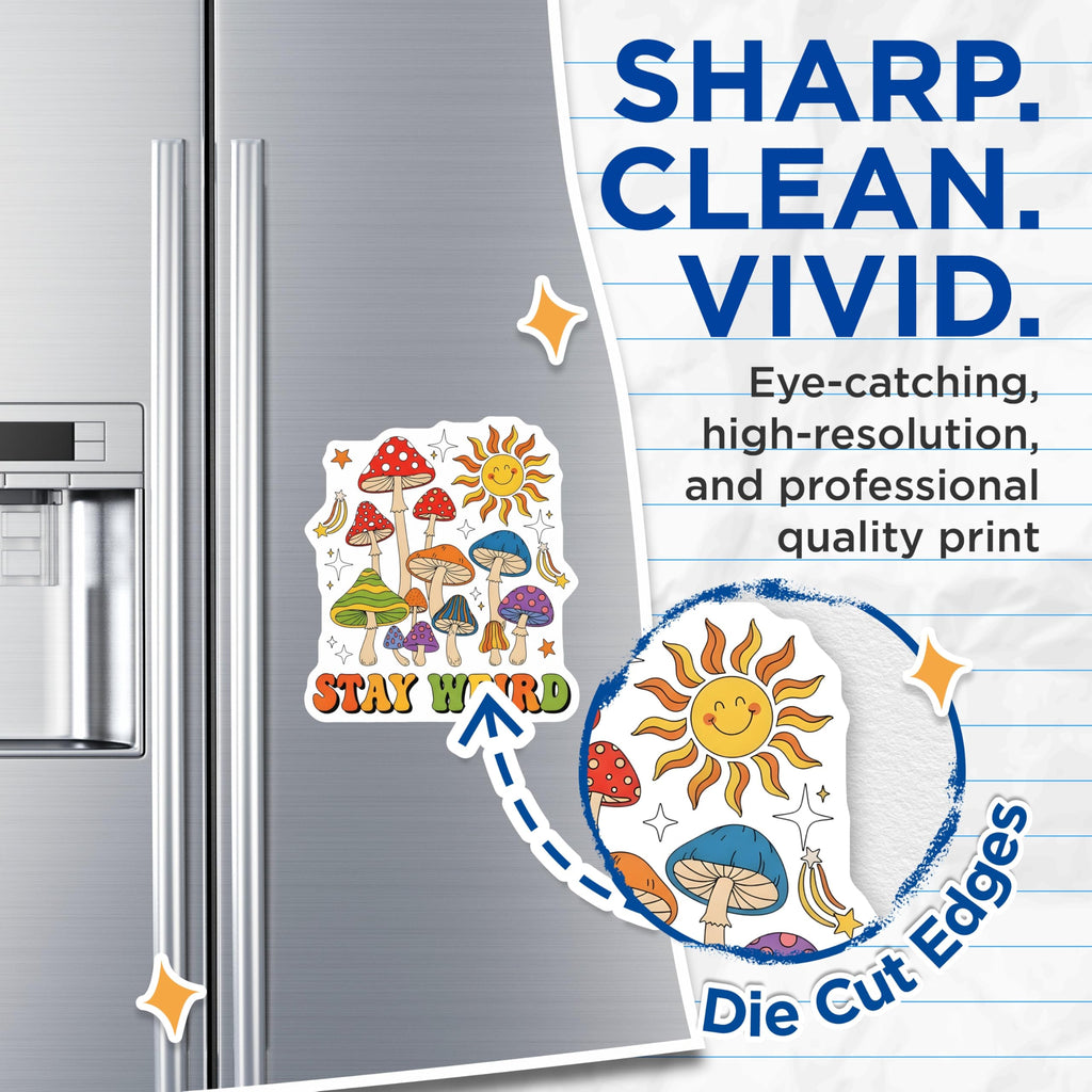 (2 Pack) Mushroom Stay Weird Magnets - Retro Sun Star Decor - Quirky Refrigerator Magnet - 5" On Longest Side - Premium Magnet - for Cars, Refrigerators, Toolboxes, Lockers - Made in USA - MAG17818