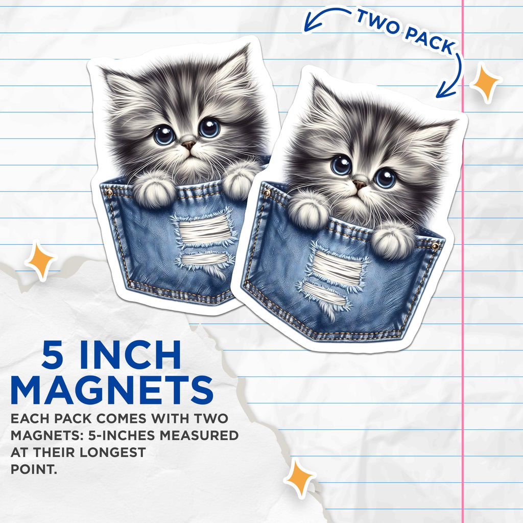 (2 Pack) Kitten in Pocket Magnets - Cute Animal Art - Fridge Magnets Set - 5" On Longest Side - Premium Magnet - for Cars, Refrigerators, Toolboxes, Lockers - Made in USA - MAG14405
